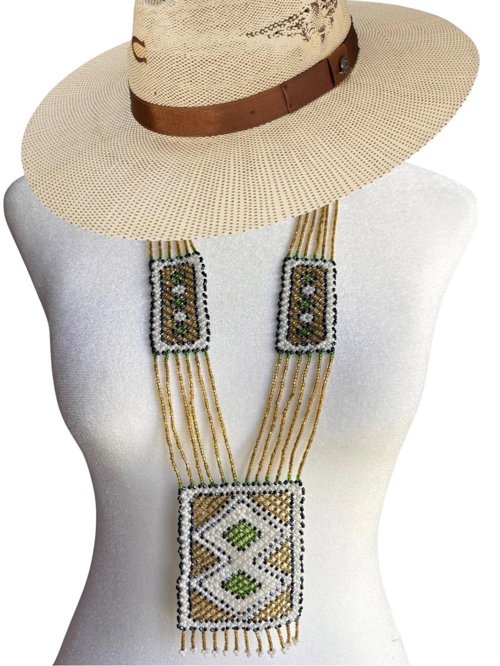 Vintage Hand Beaded Multi-Strand Seed Bead  Necklace with Geometric Beaded Bib